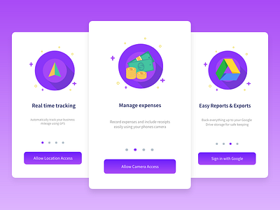 Journey tracking Onboarding app expense mileage minimal onboarding screens tracking