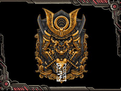 Gold Ronin armor art for sale cyberpunk for sale futuristic gold hannya mask japanese kabuto katana mecha mecharonin oni roni