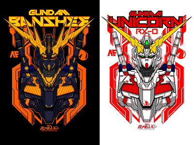 Gundam Banshee x Gundam Unicorn artwork barbatos barbatoslupus gundam gundamshirt gunpla mecha robot tekkadan tshirt