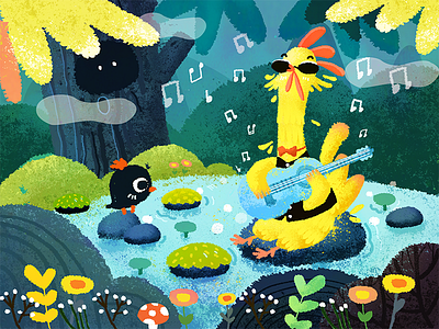 Listen to music animal banner blue chicken forest illustration music