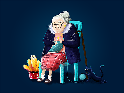 grandmother blue botany cat illustration illustration for children knit a sweater the elderly