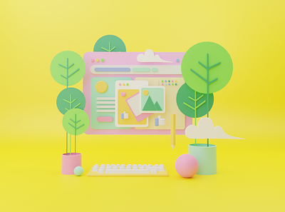 3D Render Pink Website with Yellow Background 3d 3d animation 3d art 3d illustration 3d rendering decorative design dribbble flat flatdesign illustration ui