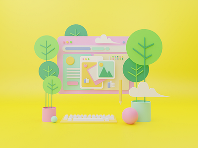 3D Render Pink Website with Yellow Background