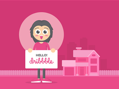 Hello Dribble debut design dribbble flat hello house illustration invitation moon pink