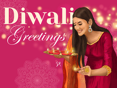 Diwali Greetings Girl Art Illustration