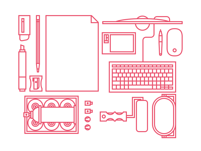 Tools of the trade sharpener marker tablet paint spraycans eraser murals branding web design icons iconset