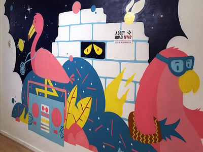 Mural commission blue commission flamingo mural penguin pink wall-e wallpainting yellow