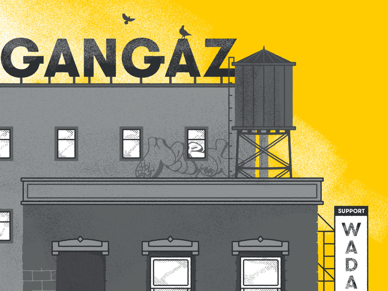Homebase presents: The Doppelgangaz - poster building doppelgangaz grunge halftones hiphop poster skyline yellow