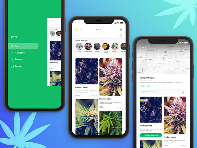 Weed shops app app application feed map market menu shop sidebar stories ui ux weed