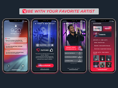 Vibe App for Viberate.com blockchain fletcher hackathon iphone x maroon 5 mobile design music app music discovery notifications spotify