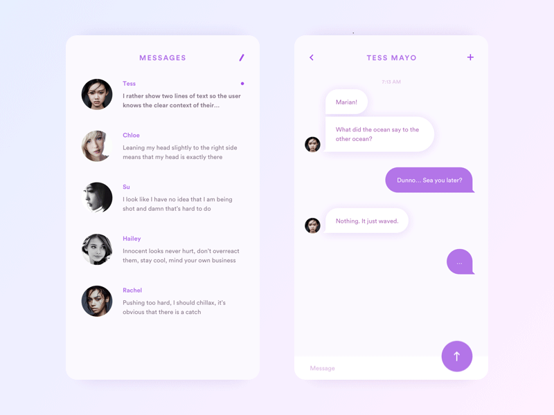 Chat screens - colour exploration app chat dark girl ios light list messages minimal mobile purple ui