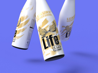 Happy Life Energy Drink Bottle abstract brand design energy drink gold halftone illustrator label luxury msmailey packaging pantone product design white wings