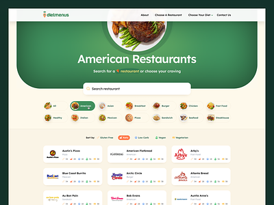 DietMenus — Search Restaurant branding design diet fintech food green landing page restaurant startup typography ui ux web design webdesign