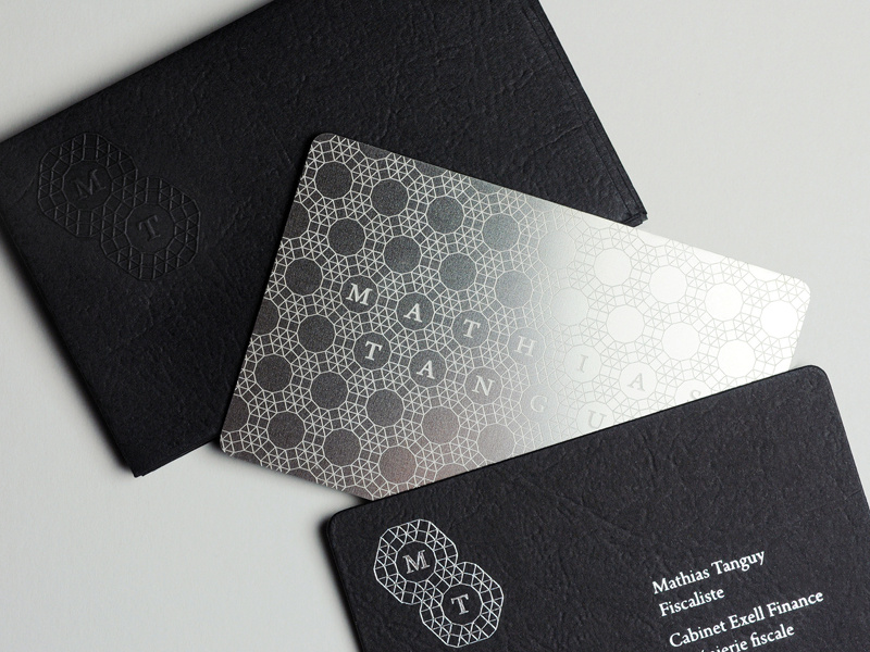 Mathias Tanguy Business Cards logo envelope embossing business card branding print metal etching foil blocking hot foil stamping pattern