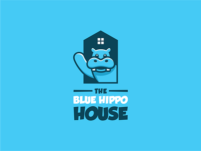 Blue Hippo House character cute logo design hippo house icon logo