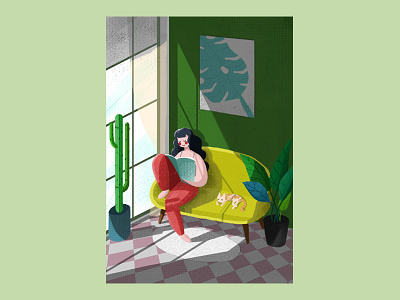 a reading afternoon afternoon cat girl illustration plant reading room sofa