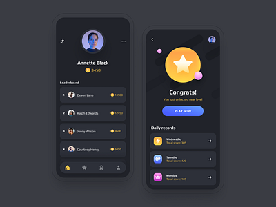 Game App Concept app app design clean ui dark dark mode game icons interface ios ios app design leaderboard minimal quiz app score ui ux