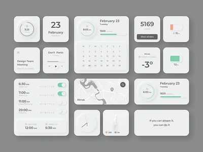 Minimal Widgets - UI Kit app application battery calendar clean clock components ios ios14 minimalism mobile navigate neumorphic ui uikit uiux ux weather white widget