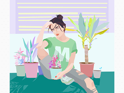 Girl with plants character flower girl illustration light plant vector woman