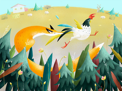 Fairy tale cartoon colors fairy tale fir forest fox illustration rooster tale village