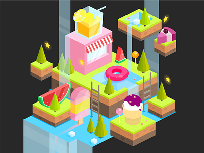 Candy island - level design 2.5d cake candy game ice cream illustration isometric juice land level lowpoly mobile shop star summer sweet trees vector vector artwork waterfall