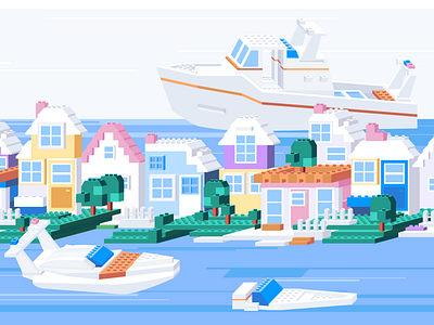 Legoland 2.5d 2d boat bricks children colors flat geometic house illustration isometric isometry model ship simple vector web