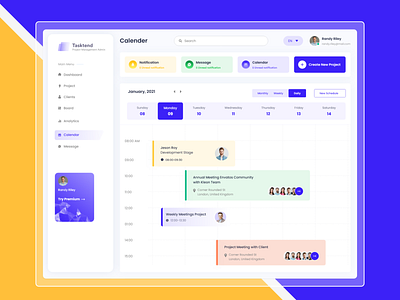 Project Mgt Dashboard - Calendar app b2b calendar calendar app calendar design chart crm event meeting saas app saas website tasktend tasnd ui ux