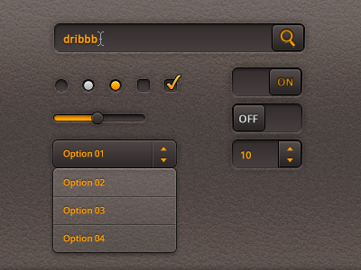 Orange on a leather UI kits brown checkbox dark element kits option orange radio search slider ui website