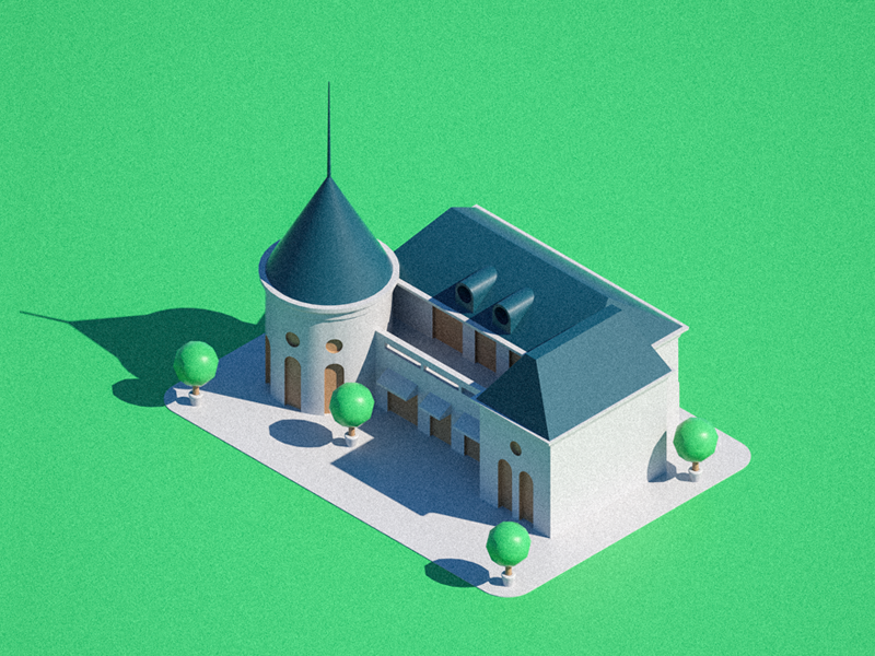 Low poly isometric chateau hotel chateau green architecture cinema4d isometric illustration 3d