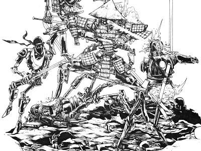 Samurai Robot WIP battle drawing illustration ink micron robot samurai