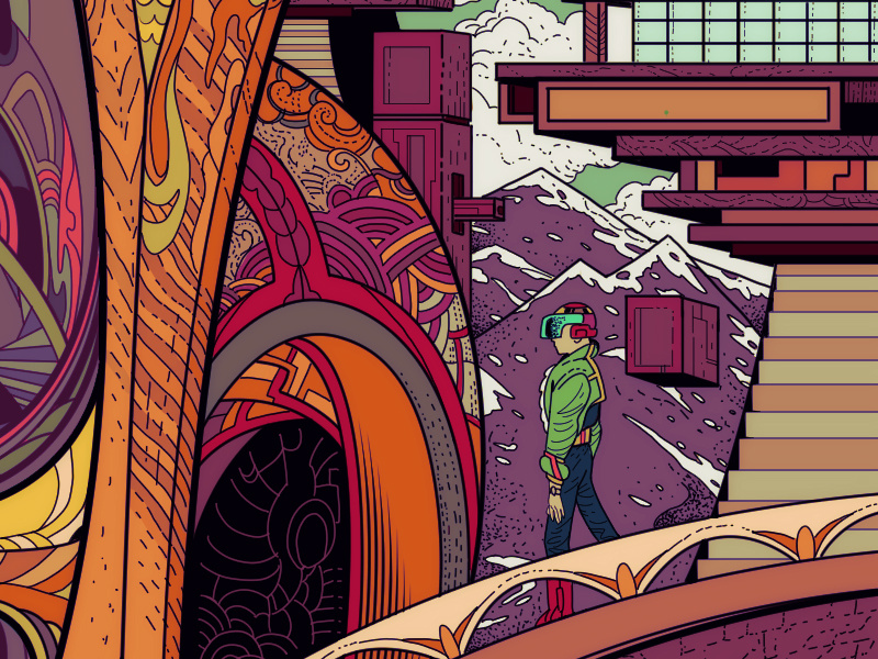 Future Hijack 2 mountains bridge surreal purple media man lineart illustration future colorful clipstudiopaint