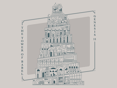 The Tower of Babel bible building christianity flat illustration line art ornate skewed vector