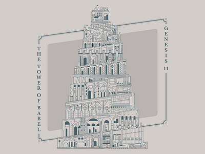 The Tower of Babel bible building christianity flat illustration line art ornate skewed vector