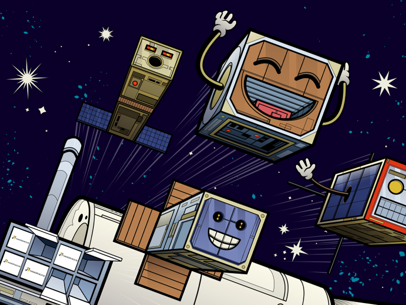 Happy Cube Satellites stars cute fun iss international space station space satellites cover drawing clip studio paint illustration