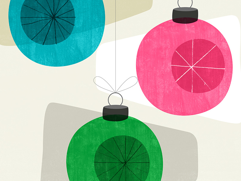 Retro Holiday Baubles colorful mid century modern watercolor illustration decorations christmas holiday