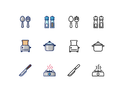 Kitchen utensil icons with filled line and outline style