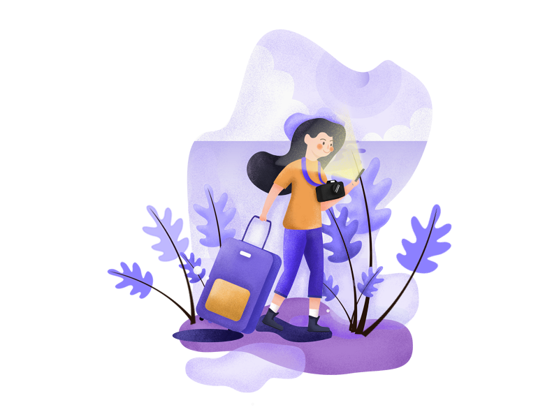 Take a trip camera purple suitcase plant person sky girl illustration