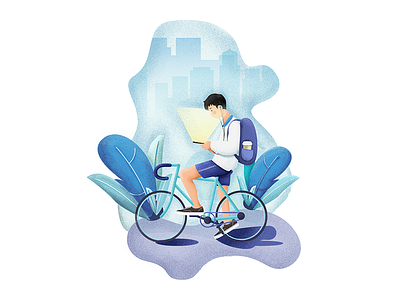 listen to the music backpack bicycle blue boy clean illustration person plant
