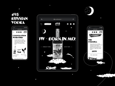 Vodka 495, tablet and mobile adaptive design black black and white chipsa clean design illustrations mobile moscow promo tablet ui uiux ux vector vector art vodka website white