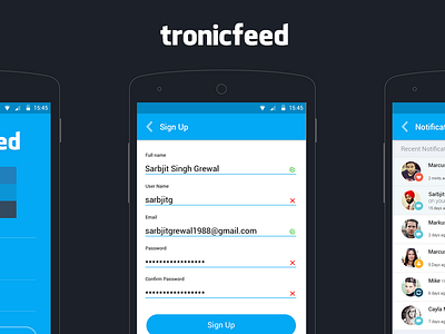 Tronicfeed App Live view with Android Device android device icon design login screen notification screen sign up screen tronicfeed ui design