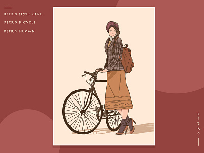Retro style girl bicycle design girl illustration retro brown retro style sketch web page 女孩 插画