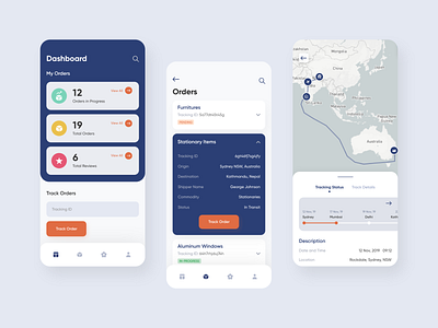 Logistics App android app app app design app designer app development app ui blue carrier import ios app logistic app logistics logistics app map ui orange orders tracking app ui ui design