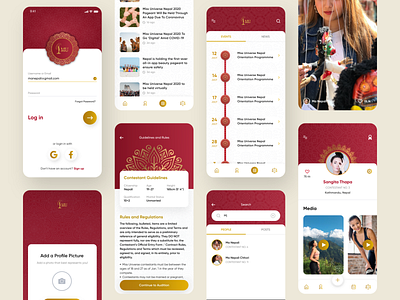 Beauty Pageant App android app beauty app clean app design contest app event app golden app ios app login page login screen mandala art news app pageant app profile app profile page profile screen red app social media design timeline design video app