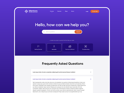 Help Center and FAQs Page blue ui clean web design faq faqs frequently asked questions help center online education online learning purple ui ux design web ui web ui design website design