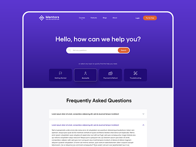 Help Center and FAQs Page blue ui clean web design faq faqs frequently asked questions help center online education online learning purple ui ux design web ui web ui design website design