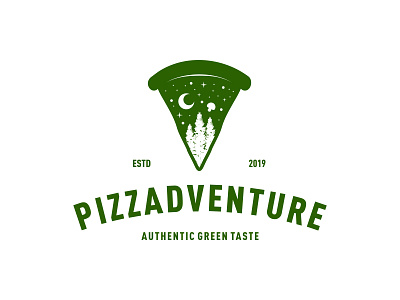 PIZZADVENTURE adventure badge branding cafe design expedition food forest icon illustration logo logodesign logodesigns logos night outdoors pizza pizza box restaurant simple