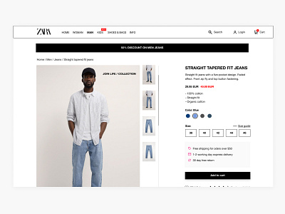 ZARA REDESIGN - PRODUCT PAGE - PART 6/8 add to cart announcement bar buttons clothing ecommerce fashion product grid product page product photos redesign size store top bar ui ux webstore zara