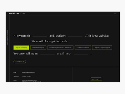 Not Selling Liquid - Design Agency - Blog Page - 3/8 black contact contact form contact page dark mode design agency dropdown form green input field label minimalistic text input