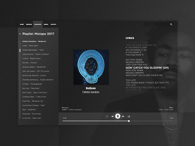 Music Player App - Daily Ui #08 black and white button childish gambino daily ui daily ui 08 dailyui design music music album music app music art music player music player ui noise design playlist rapper redbone ui ui ux ux