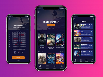 Movie Theater Application | Booking | Black Panther app black panther booking buy clean list minimalistic movie movie booking movie card movie theater ordering purple reservation store tickets ui ui ux userflow ux